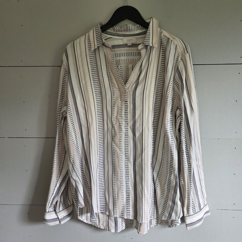 LOFT Striped Collared Pullover Long Sleeve Blouse Women XL White Gray Beige